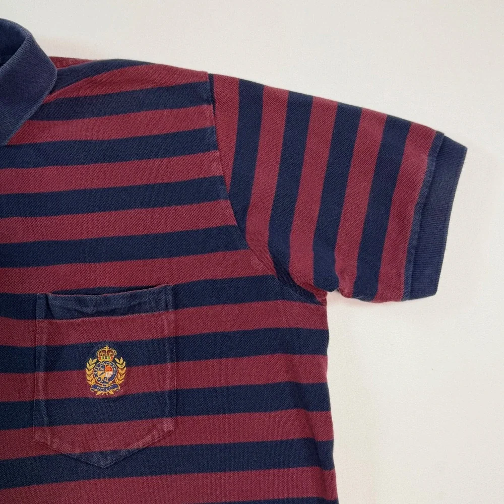 Polo Ralph Lauren The Big‎ Shirt Mens Large Striped Crest Pocket Polo Burgundy
